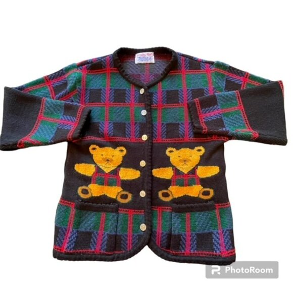 1980's AOP Teddy Bear Tartan Plaid Plush Tail Themed Cardigan Sweater Medium - Picture 11 of 12